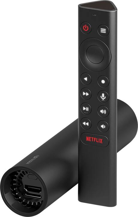 Tube-shaped NVIDIA Shield TV with its remote